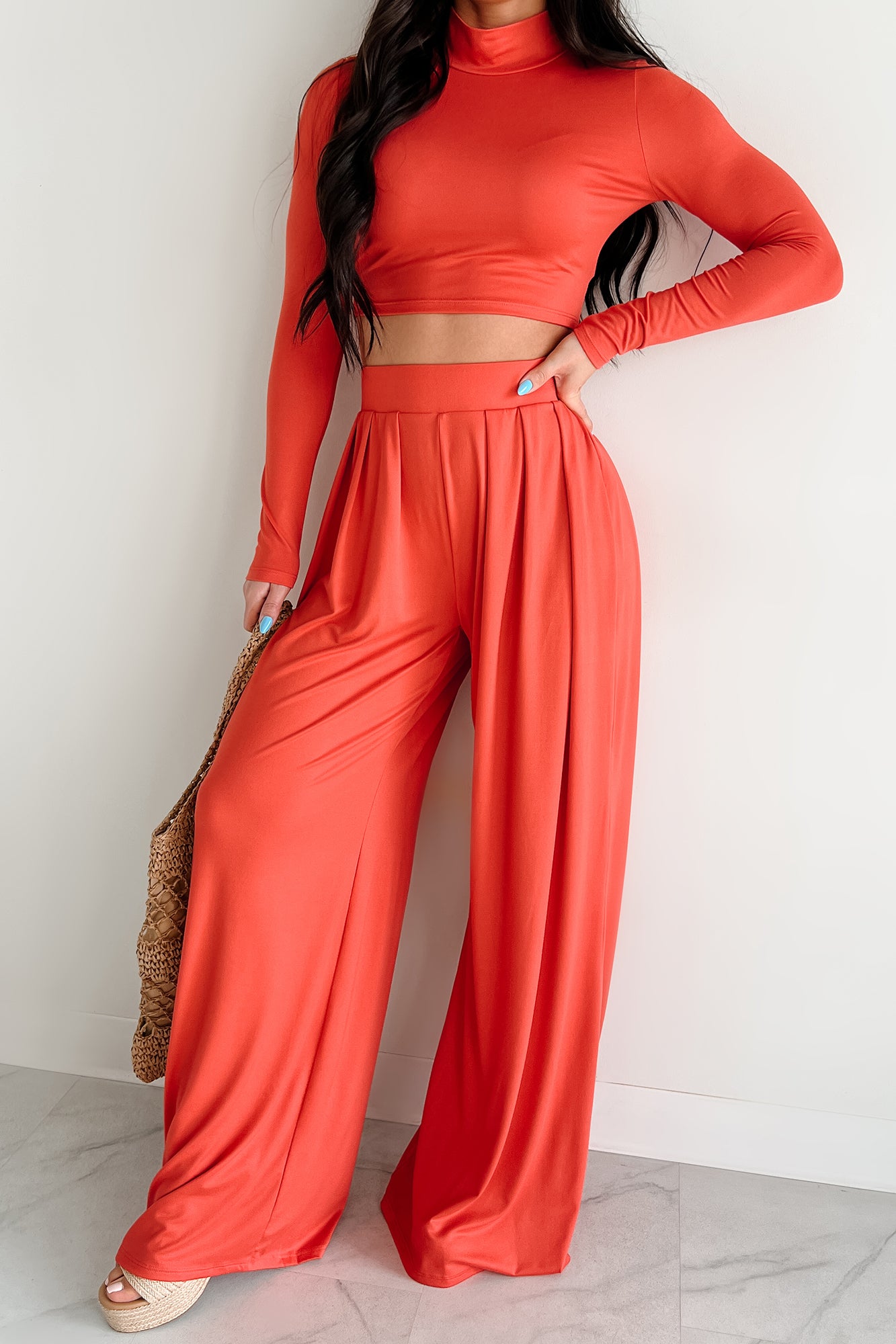 Faded Dreams Long Sleeve Crop Top & Pant Set (Dark Coral) - NanaMacs