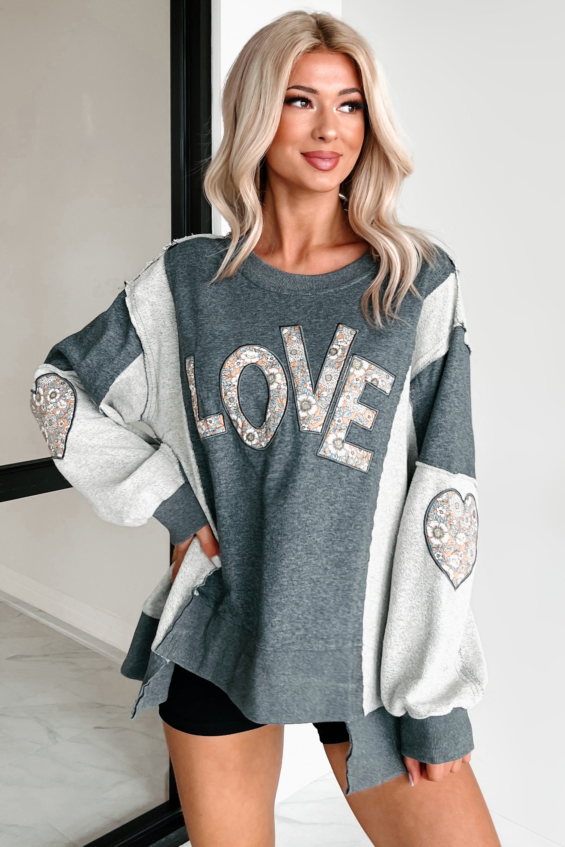 Those Are My Feelings Oversized Patchwork Top (Heather Grey) - NanaMacs