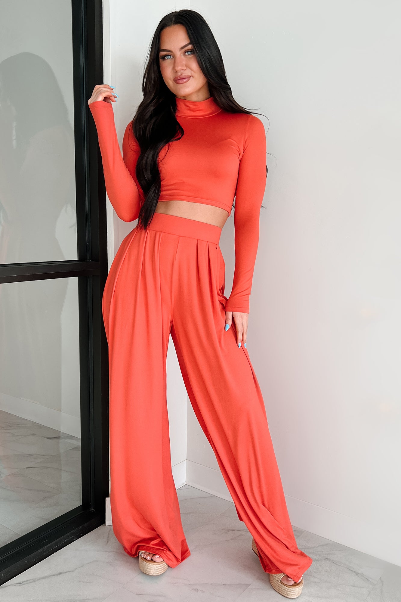 Faded Dreams Long Sleeve Crop Top & Pant Set (Dark Coral) · NanaMacs