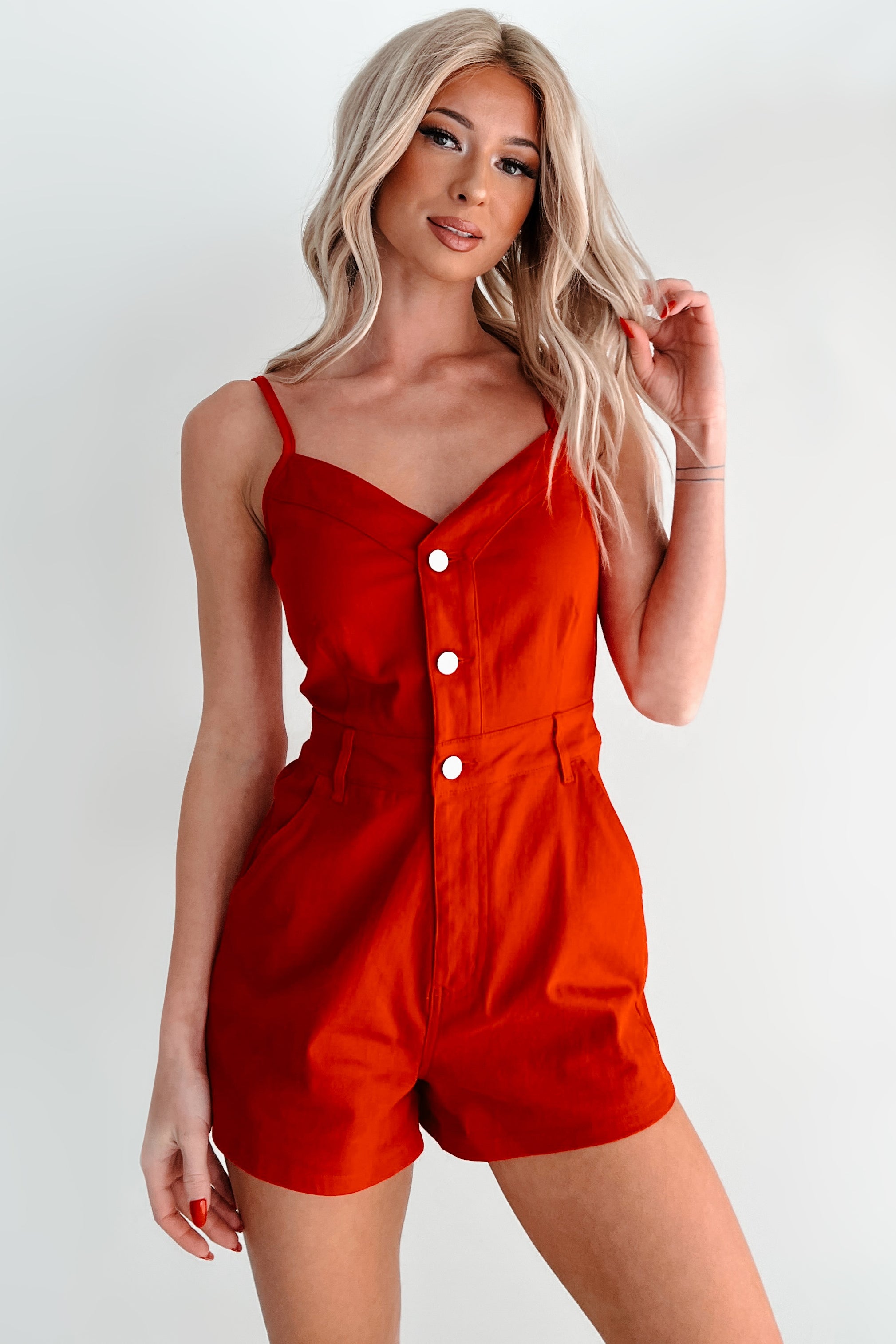 Joelle Denim Romper (Red) - NanaMacs