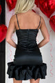 VIP Situation Ruffled Hem Satin Mini Dress (Black) - NanaMacs