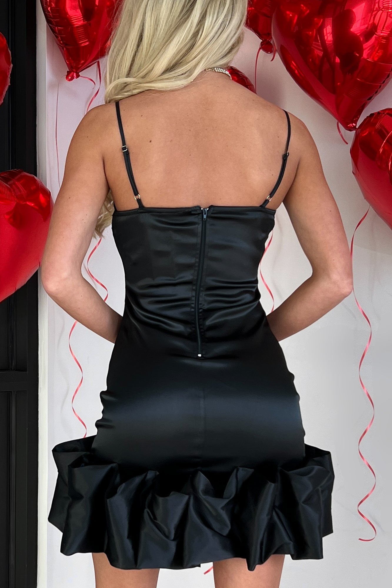 Women's VIP Situation Ruffled Hem Satin Mini Dress in Black