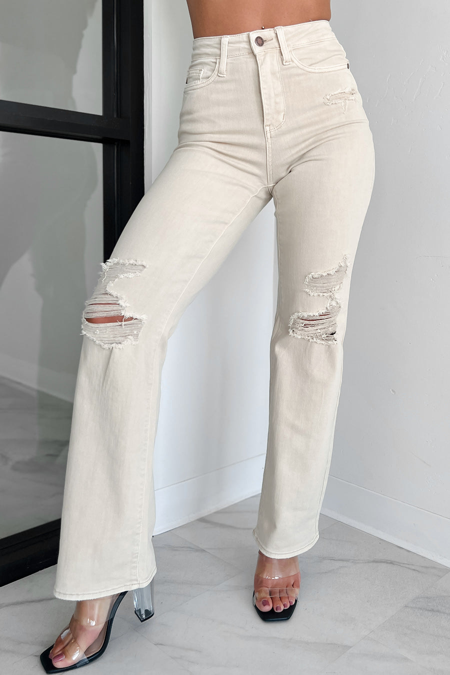 Linetta High Rise Distressed Judy Blue Straight Leg Jeans (Bone) - NanaMacs