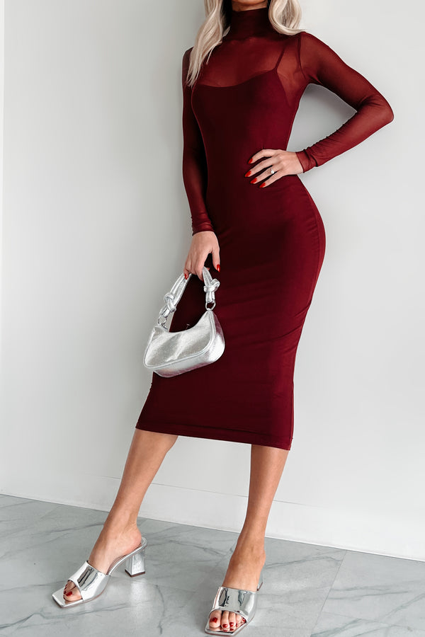 Loving Glances Mesh Midi Dress (Burgundy) - NanaMacs