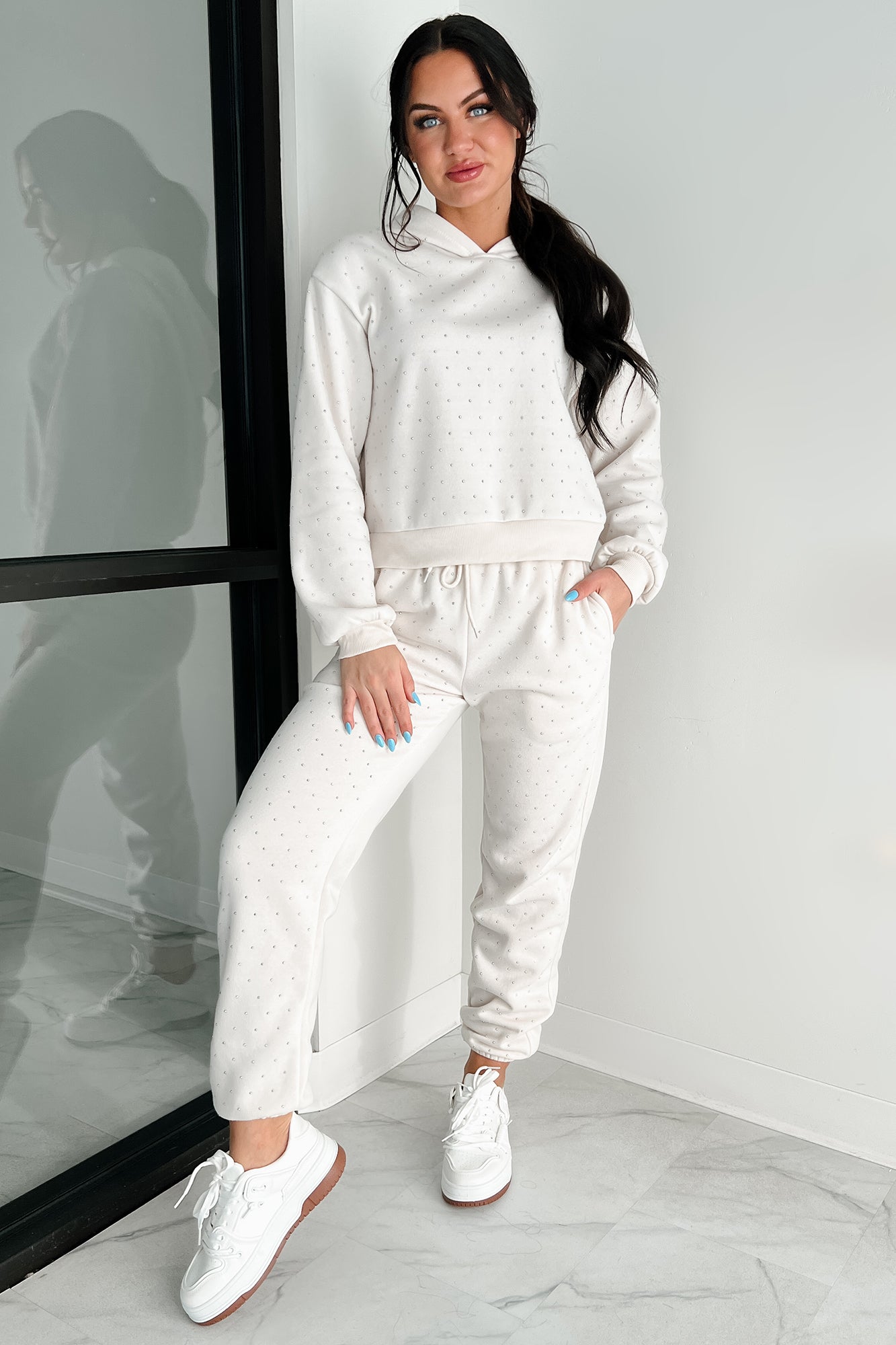 Dazzle and Dream Rhinestone Hoodie And Jogger Set (Sand) - NanaMacs