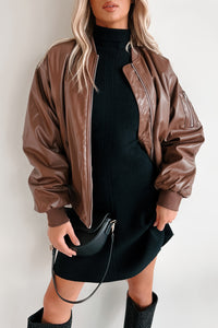 Making Bad Choices Faux Leather Bomber Jacket (Brown) - NanaMacs