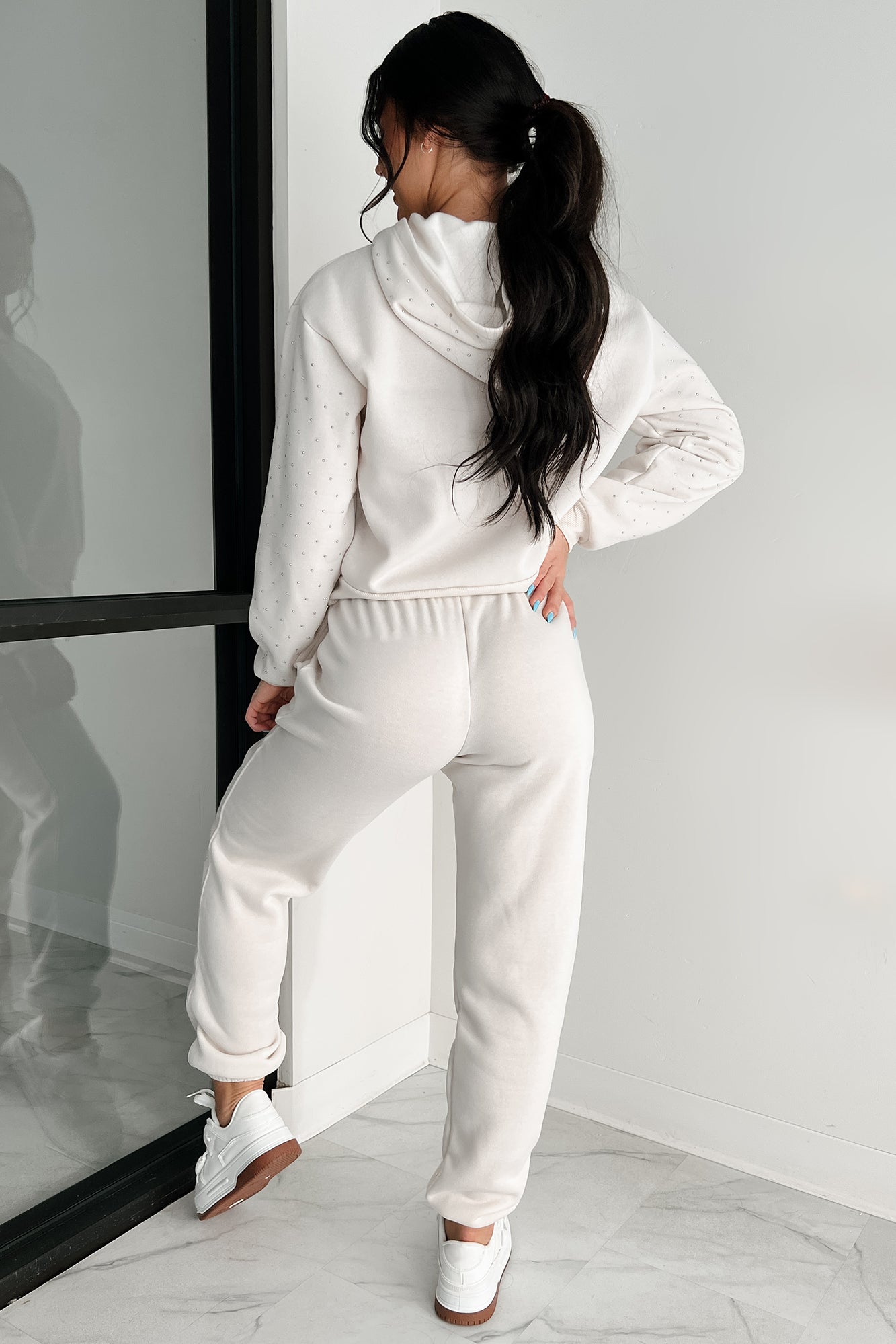 Dazzle and Dream Rhinestone Hoodie And Jogger Set (Sand) - NanaMacs