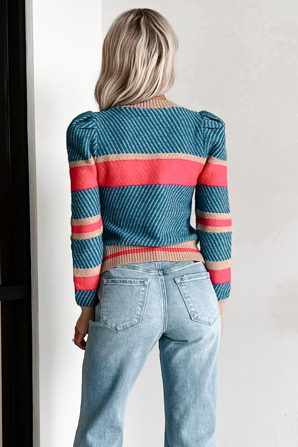 Creative Thoughts Puff Sleeve Sweater (Blue/Fuchsia/Taupe)