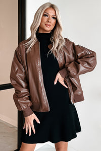 Making Bad Choices Faux Leather Bomber Jacket (Brown) - NanaMacs