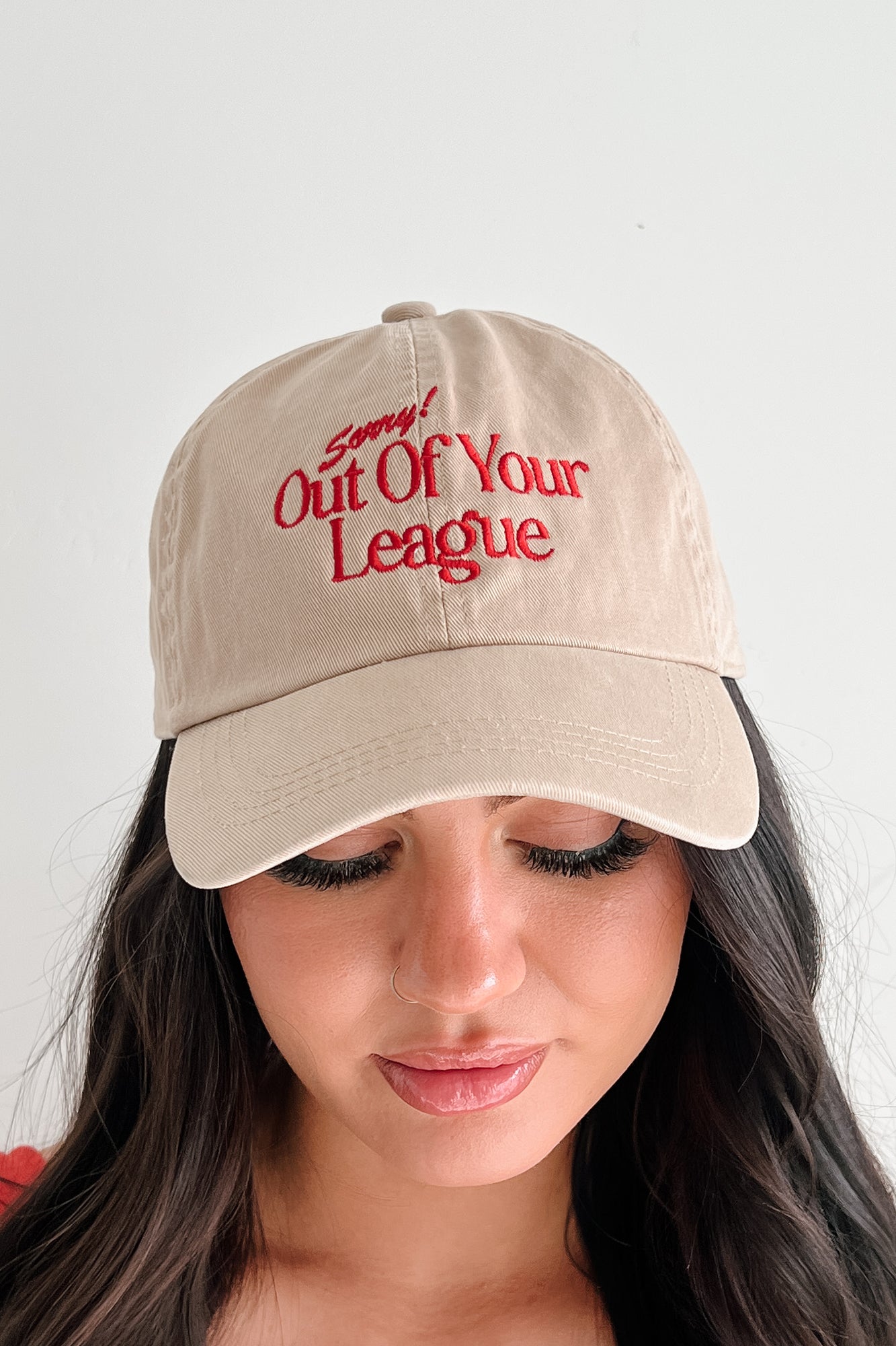 "Sorry! Out Of Your League" Embroidered Baseball Cap (Sand) - NanaMacs