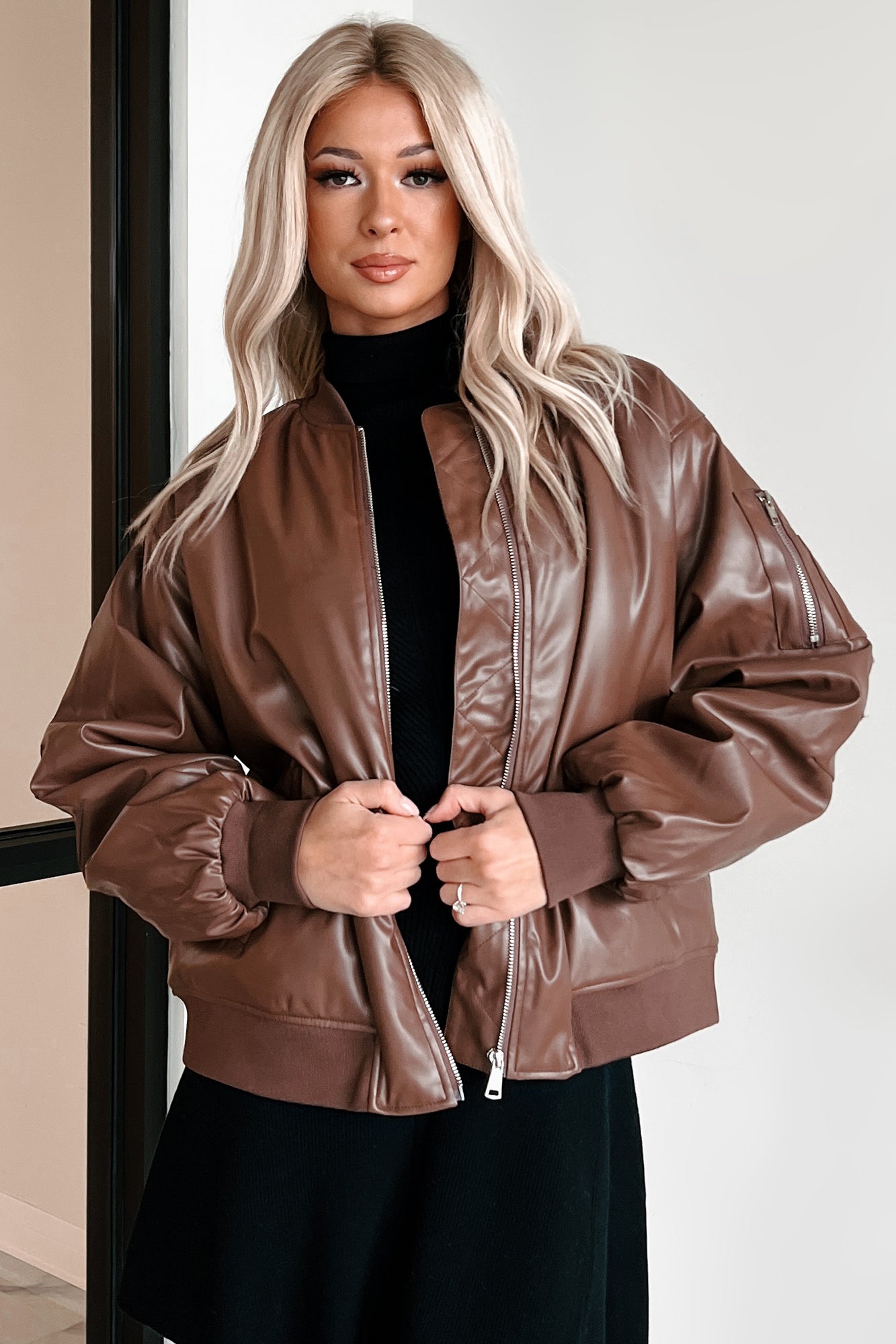 Making Bad Choices Faux Leather Bomber Jacket (Brown) - NanaMacs