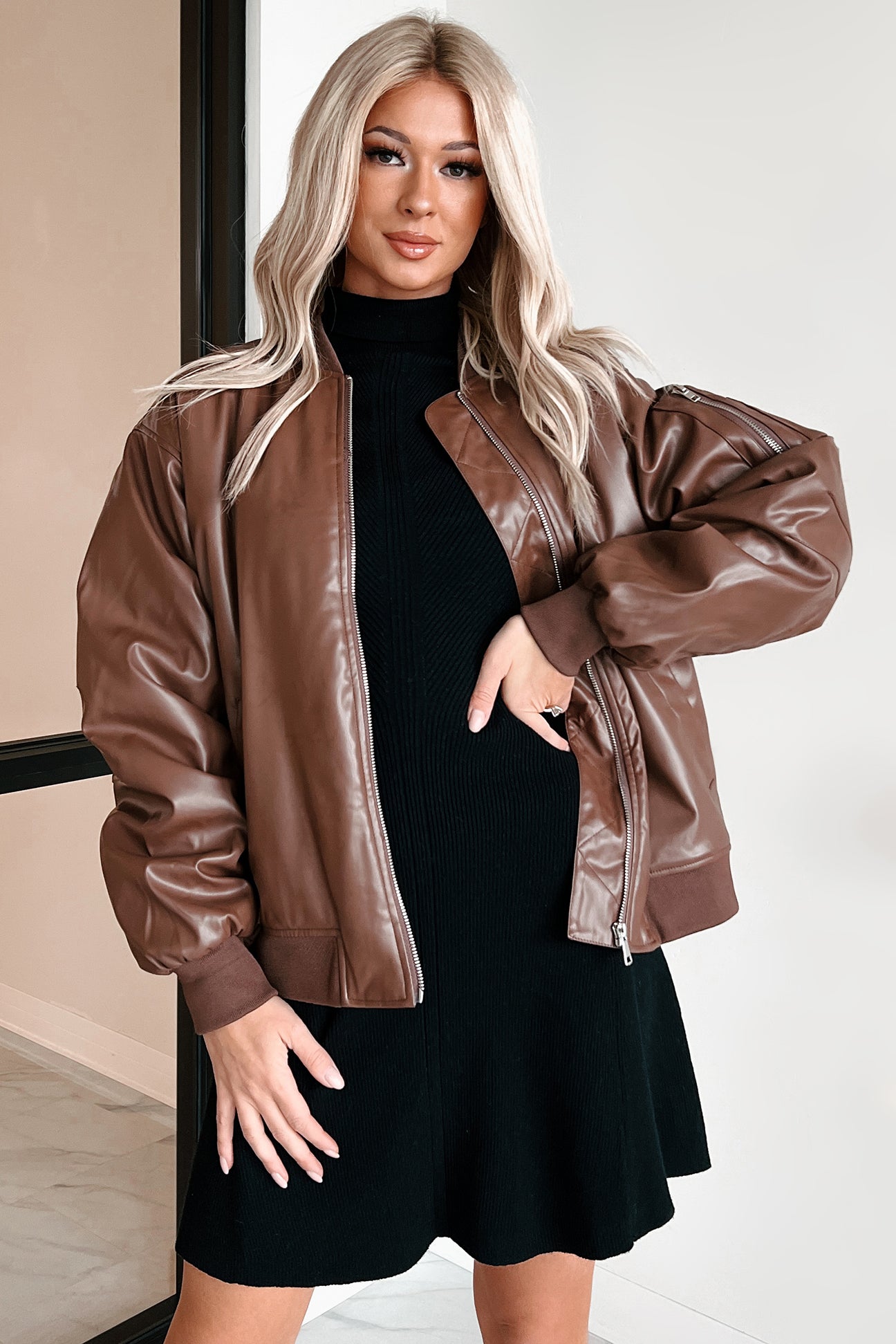 Making Bad Choices Faux Leather Bomber Jacket (Brown) - NanaMacs