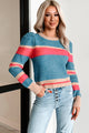 Creative Thoughts Puff Sleeve Sweater (Blue/Fuchsia/Taupe)