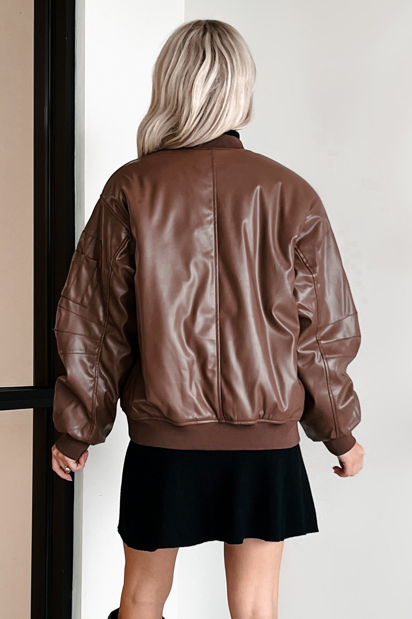 Making Bad Choices Faux Leather Bomber Jacket (Brown) - NanaMacs