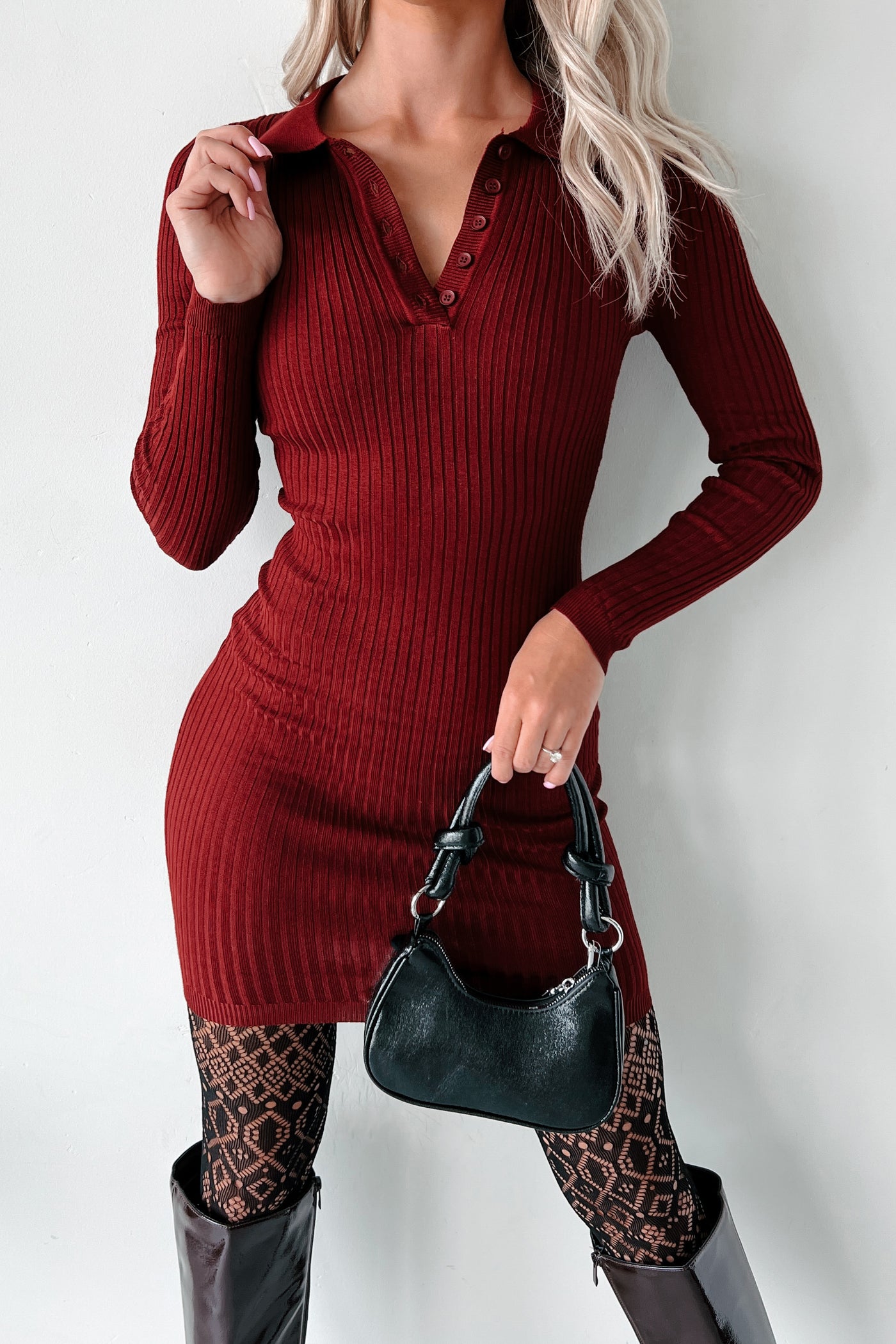 That's Fine By Me Long Sleeve Polo Sweater Dress (Wine) - NanaMacs