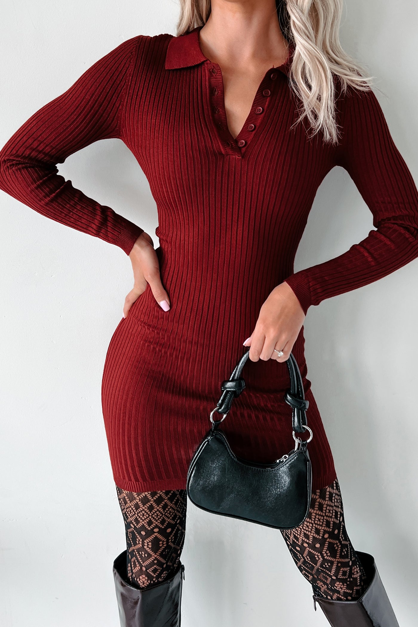 That's Fine By Me Long Sleeve Polo Sweater Dress (Wine) - NanaMacs