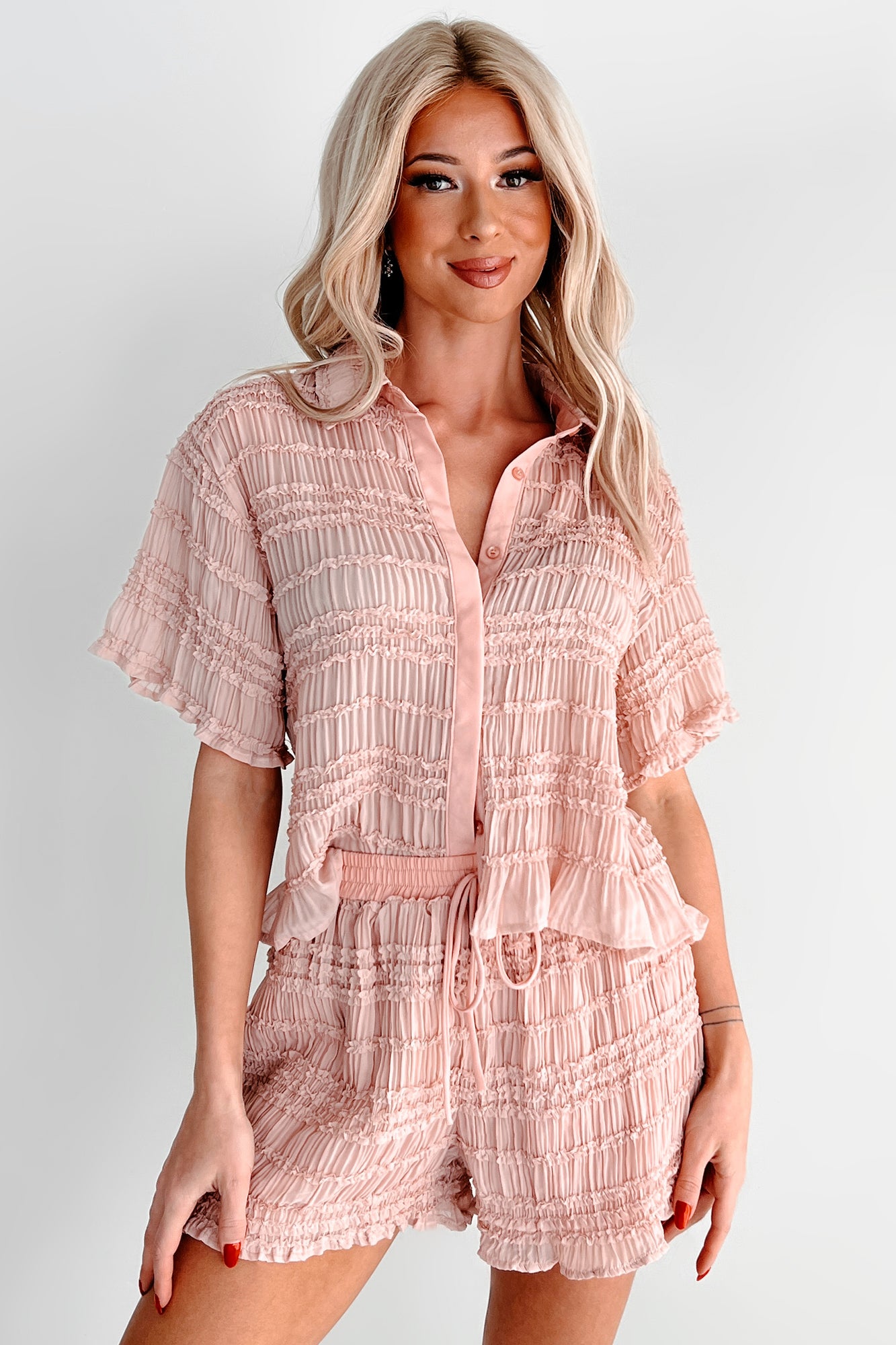 Figuring It Out Ruffle Smocked Blouse & Shorts Set (Pink) - NanaMacs