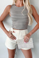 Julianne High-Neck Striped Crop Top (Taupe) - NanaMacs