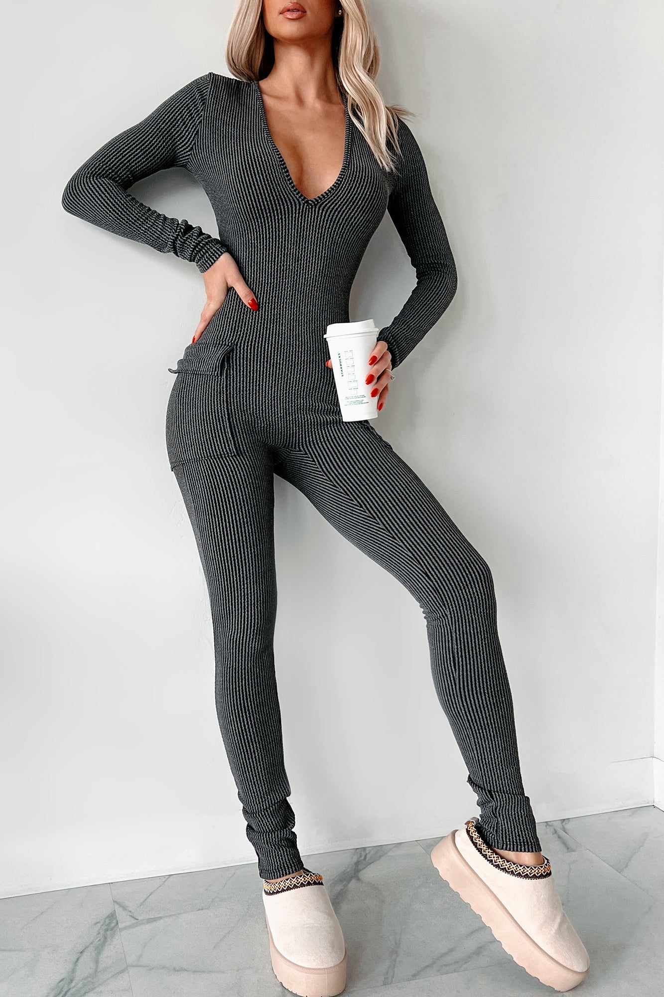 Beautiful Curves Ribbed Cut-Out Back Jumpsuit (Black) - NanaMacs