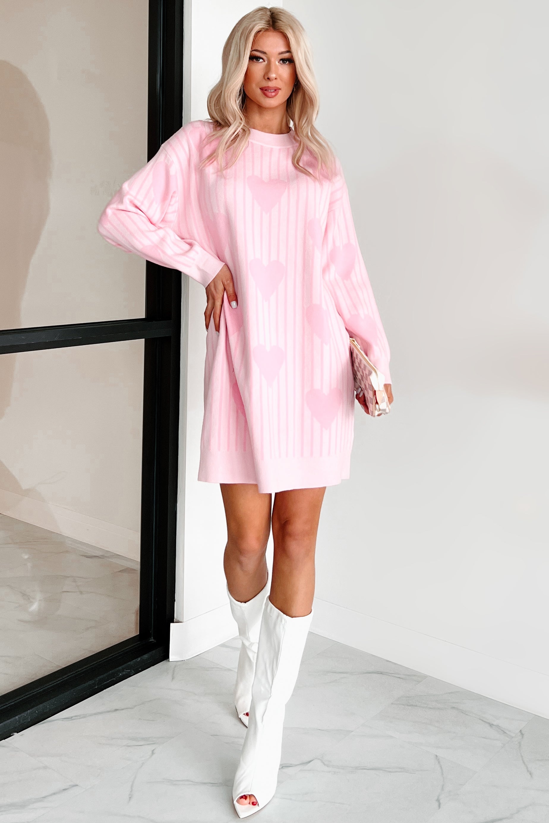 Actions Of Love Striped Heart Sweater Dress (Baby Pink) - NanaMacs