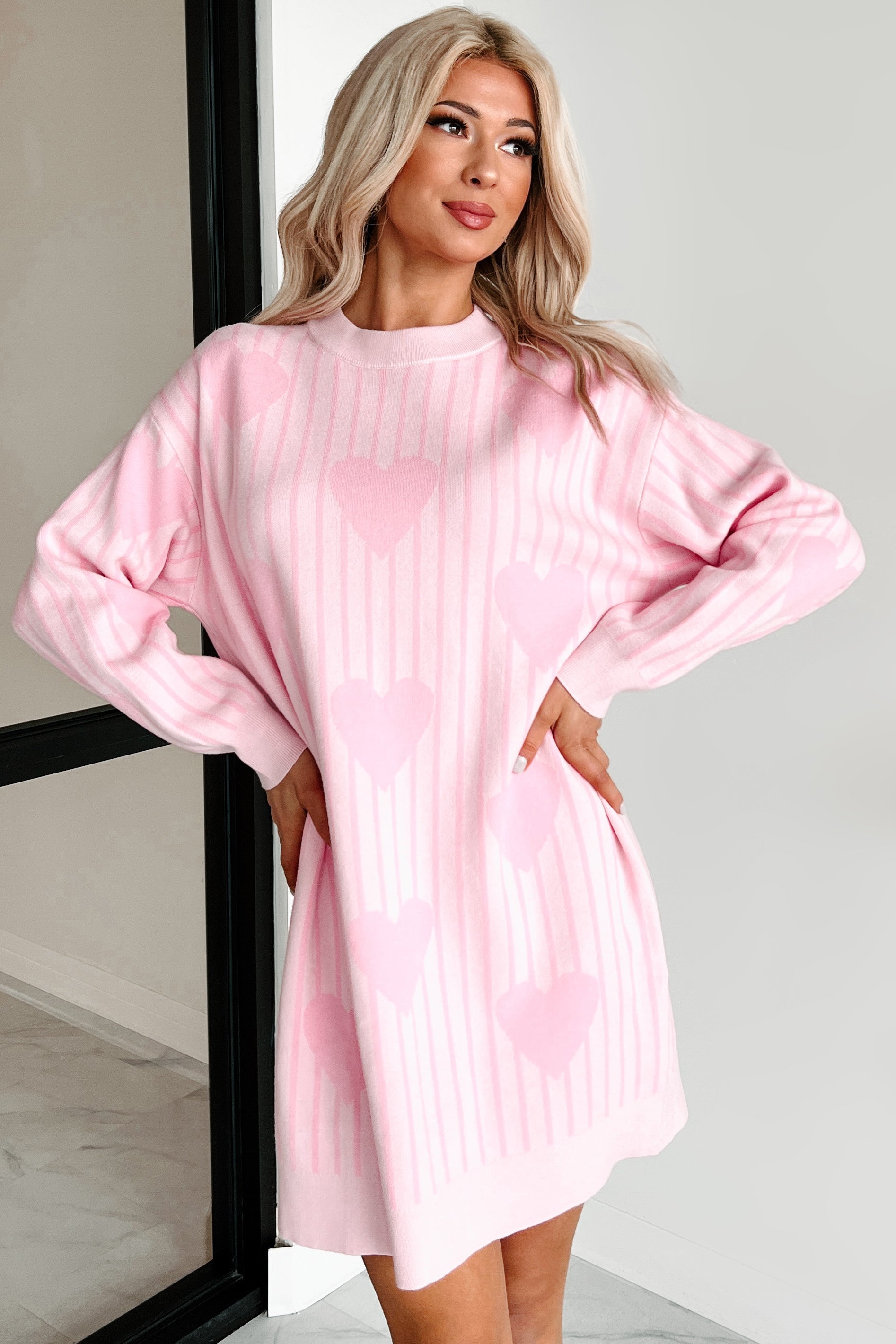 Actions Of Love Striped Heart Sweater Dress (Baby Pink) - NanaMacs