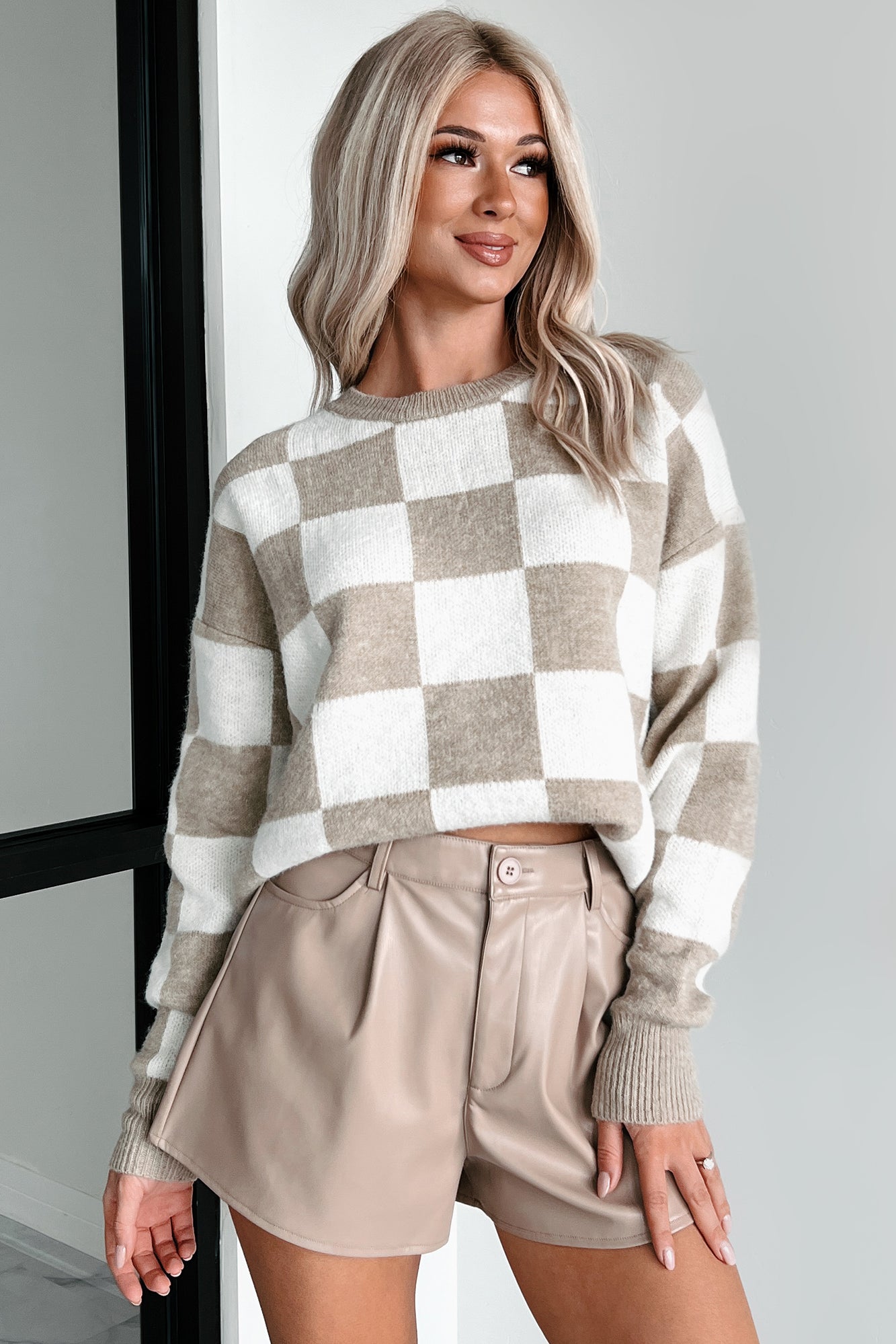 Strategically Stylish Oversized Checker Sweater (Taupe) - NanaMacs