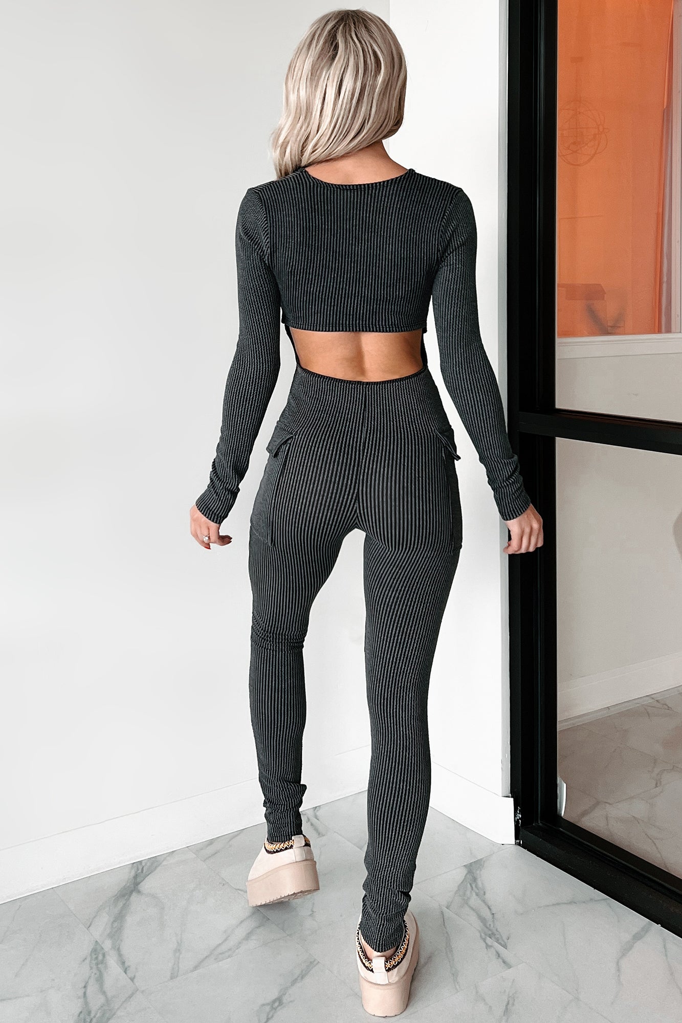 Beautiful Curves Ribbed Cut-Out Back Jumpsuit (Black) - NanaMacs