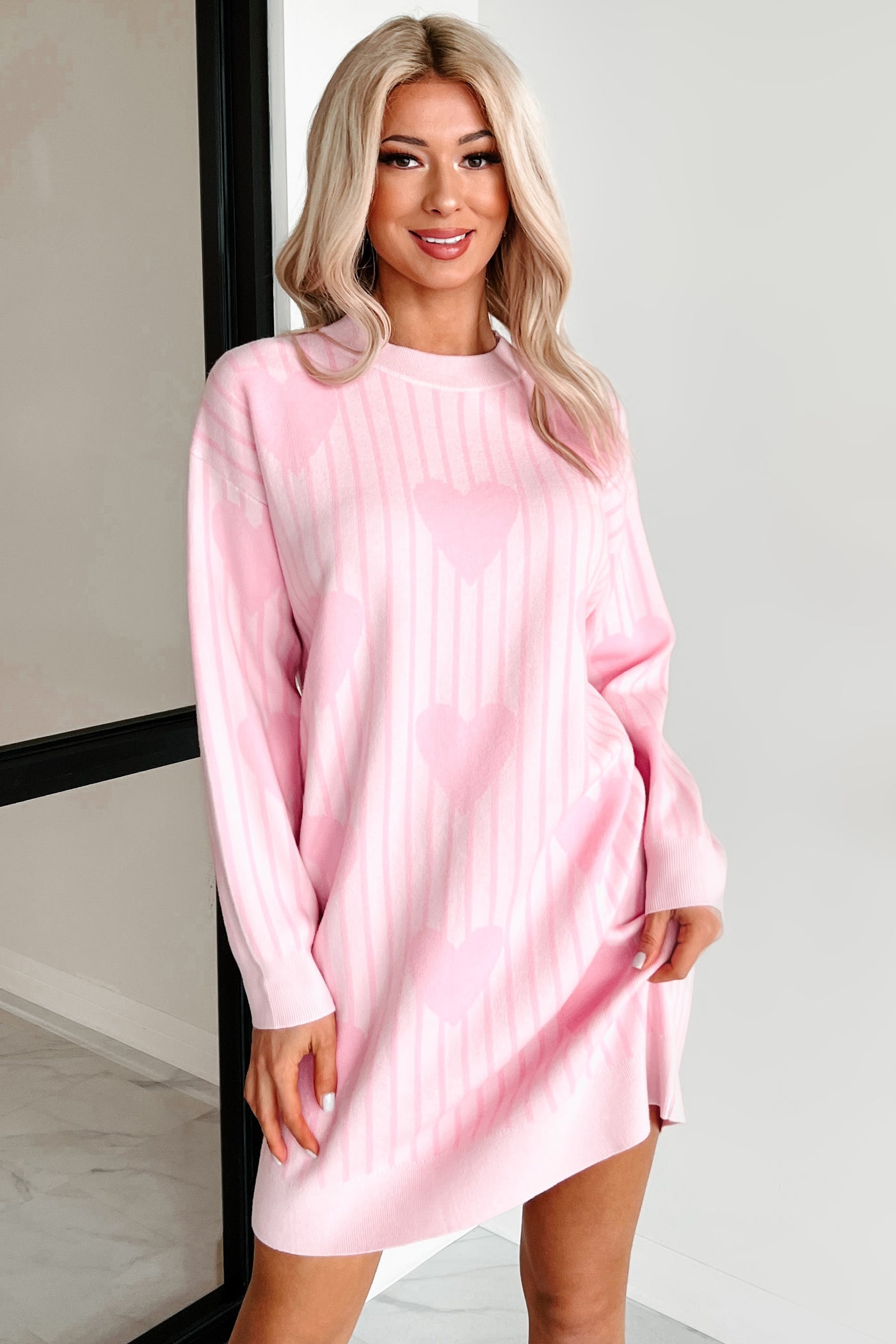 Actions Of Love Striped Heart Sweater Dress (Baby Pink) - NanaMacs