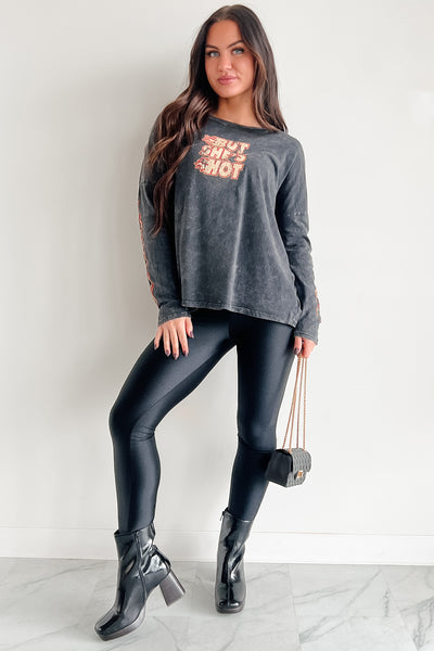 "But She's Hot" Mineral Wash Graphic Long Sleeve Top (Charcoal)