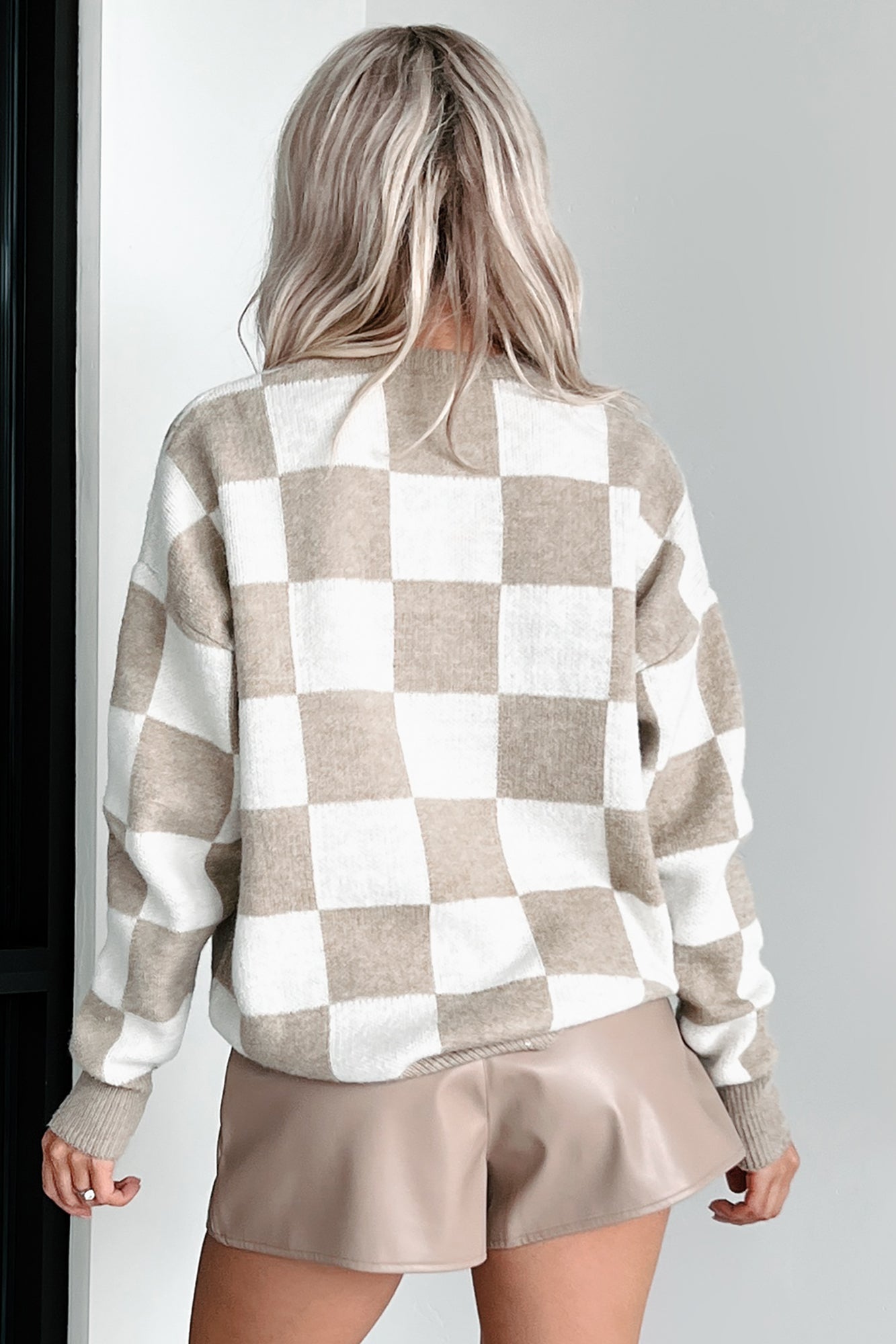 Strategically Stylish Oversized Checker Sweater (Taupe)