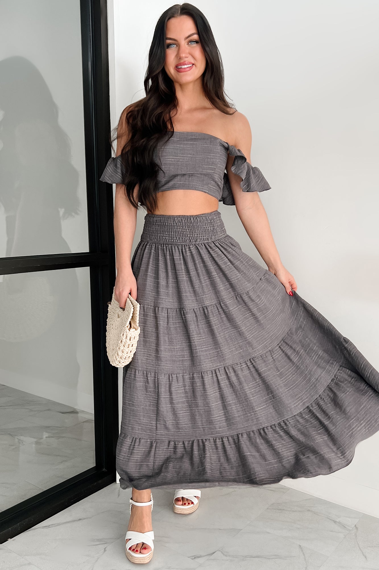 Laugh Till It Hurts Two Piece Ruffle Skirt Set (Charcoal) - NanaMacs