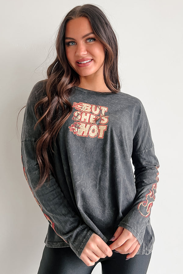 "But She's Hot" Mineral Wash Graphic Long Sleeve Top (Charcoal)