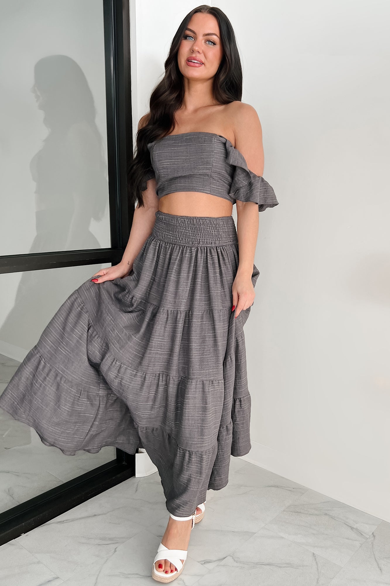 Laugh Till It Hurts Two Piece Ruffle Skirt Set (Charcoal) - NanaMacs