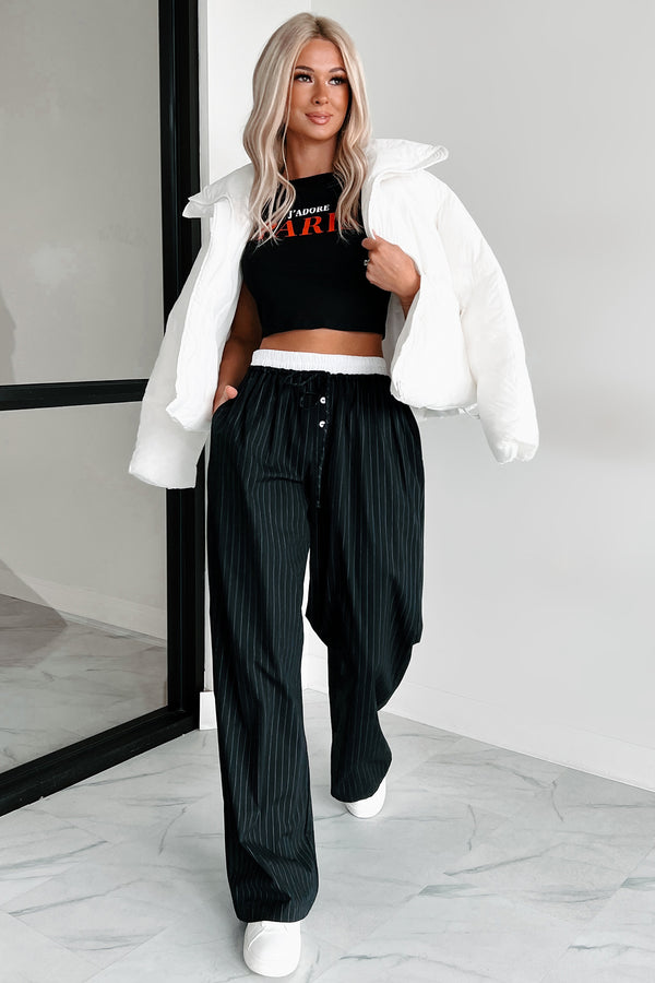 Straight Chillin Wide Leg Pinstripe Pants (Black/White) - NanaMacs