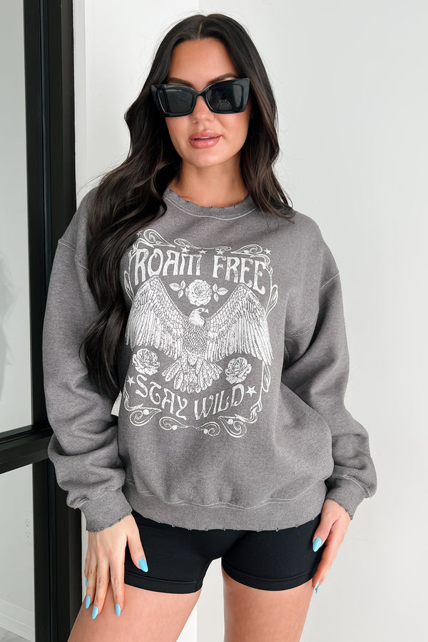 "Roam Free" Oversized Distressed Graphic Sweatshirt (Charcoal)