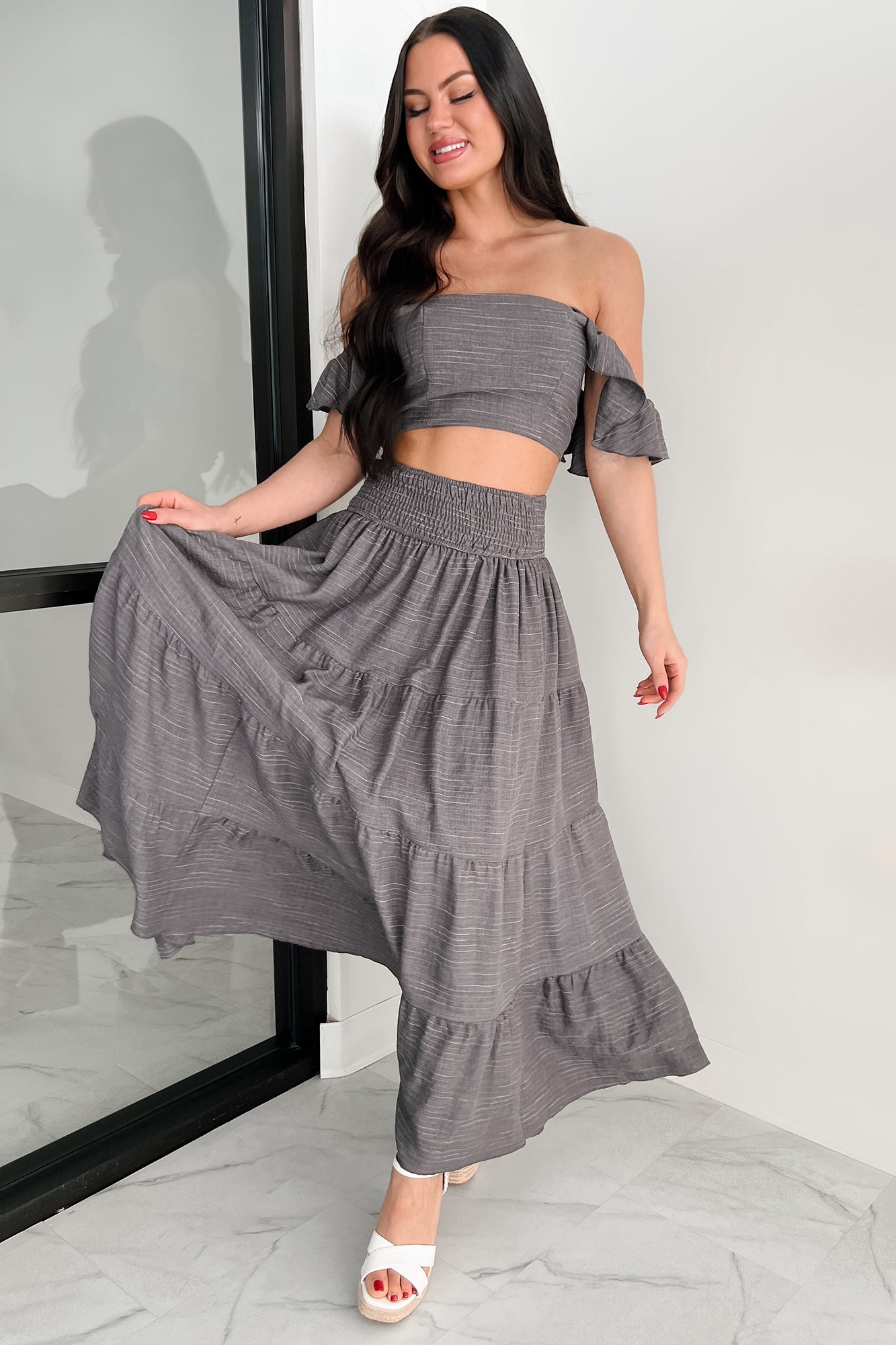 Laugh Till It Hurts Two Piece Ruffle Skirt Set (Charcoal) - NanaMacs