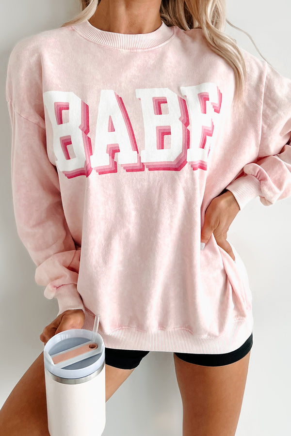 "Babe" Acid Wash Graphic Sweatshirt (Washed Pink) - NanaMacs