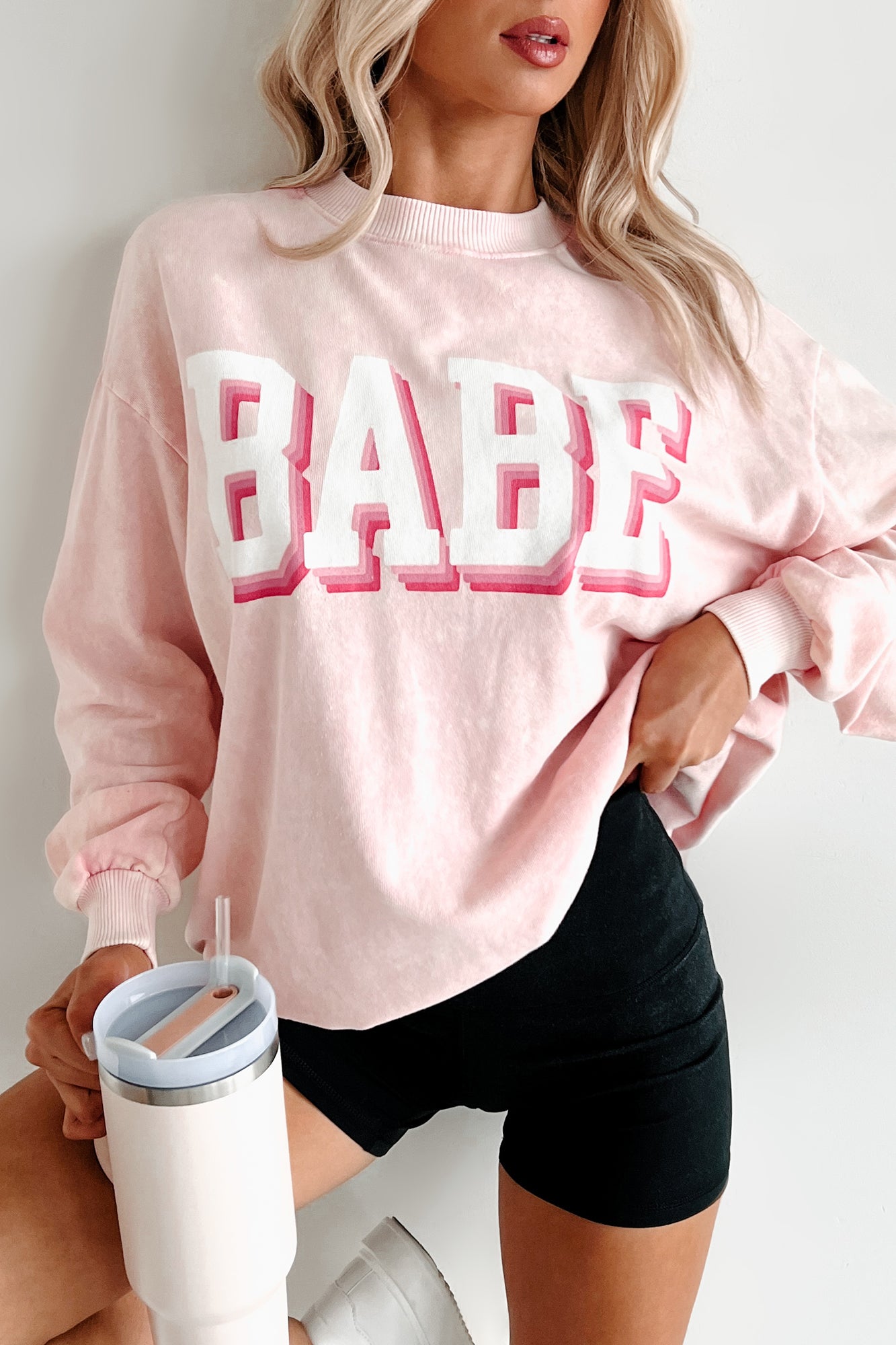 "Babe" Acid Wash Graphic Sweatshirt (Washed Pink) - NanaMacs