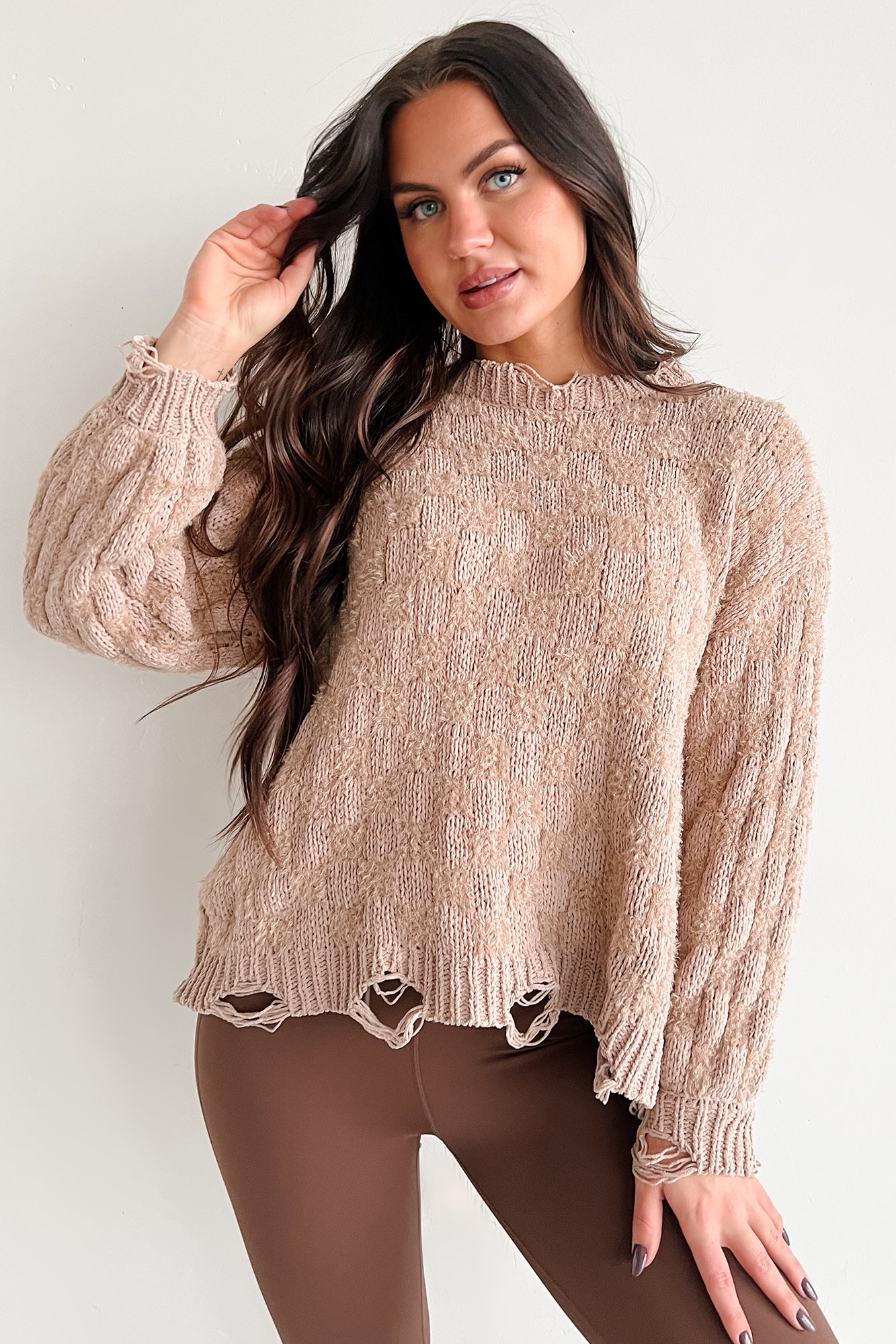 All My Potential Distressed Checkered Knit Sweater (Mocha Beige) - NanaMacs