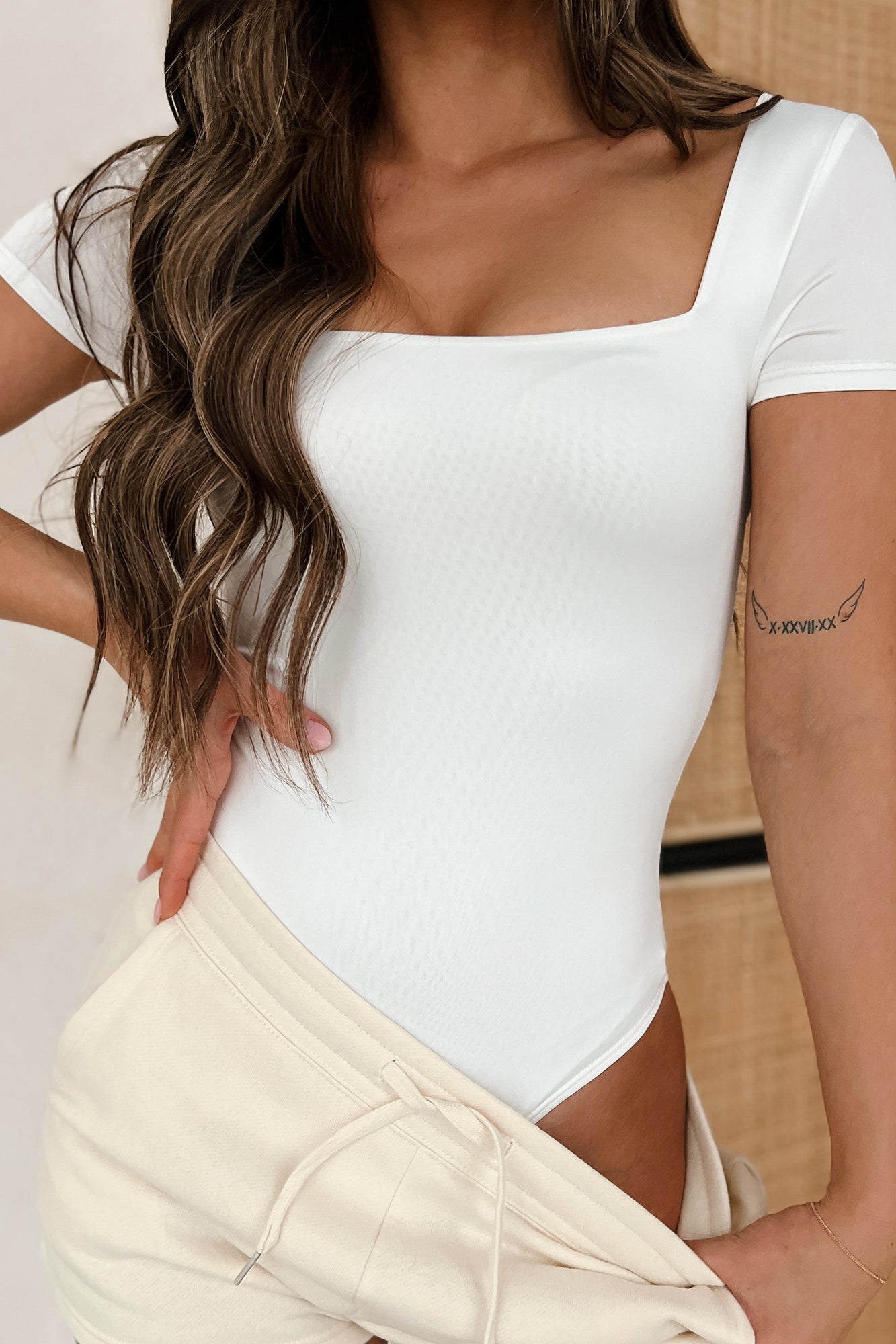 Simply Styled Short Sleeve Square Neck Bodysuit (White) - NanaMacs