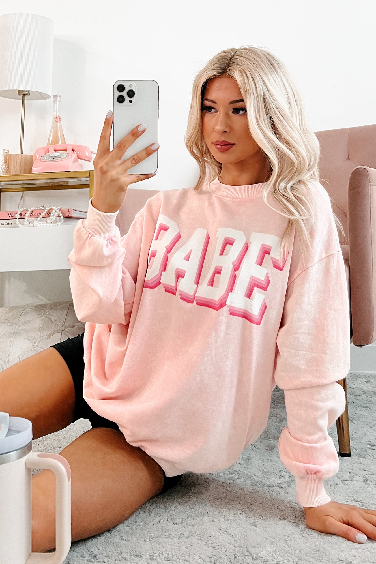 "Babe" Acid Wash Graphic Sweatshirt (Washed Pink) - NanaMacs