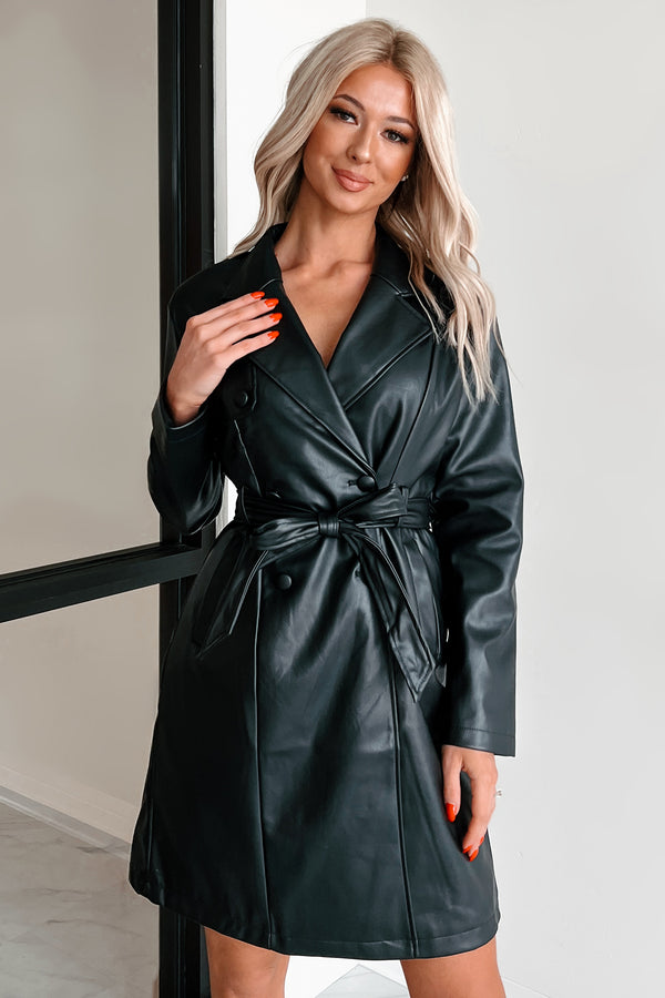 Chic Expectations Belted Faux Leather Trench Coat (Black)