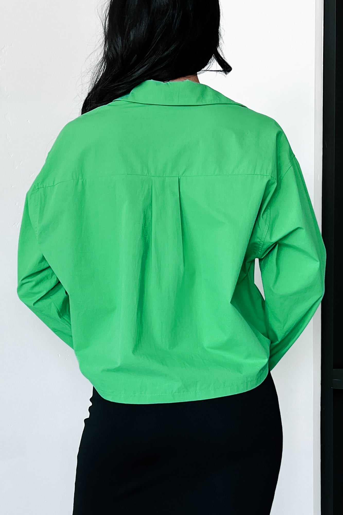 Any Questions Cropped Button-Down Shirt (Green)