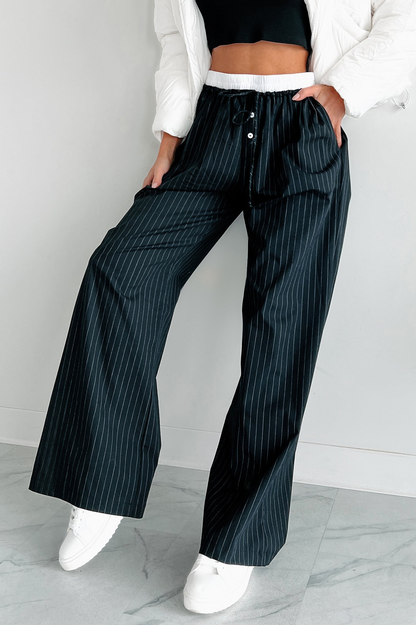 Straight Chillin Wide Leg Pinstripe Pants (Black/White)