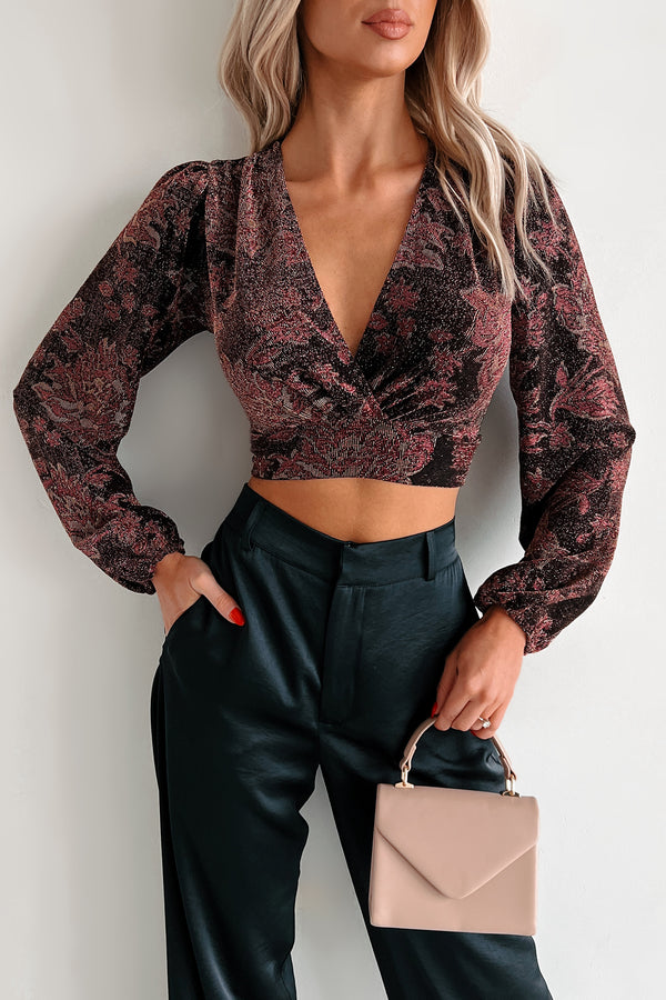 All About The Sparkles Floral Metallic Crop Top (Magenta)