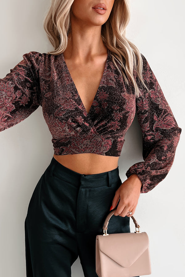 All About The Sparkles Floral Metallic Crop Top (Magenta)