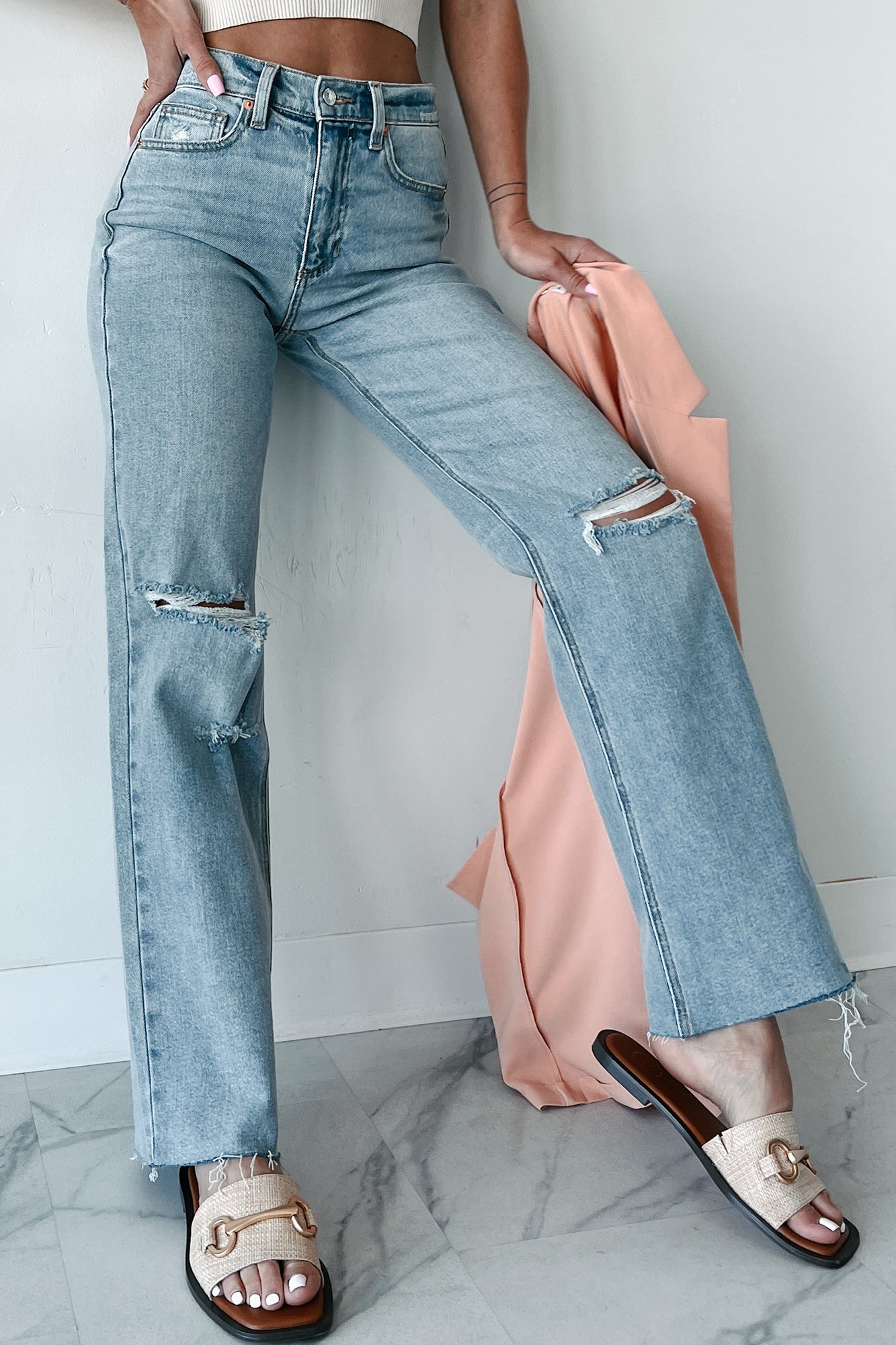 Enid High Rise Distressed Sneak Peek Straight Leg Jeans (Medium Light) - NanaMacs