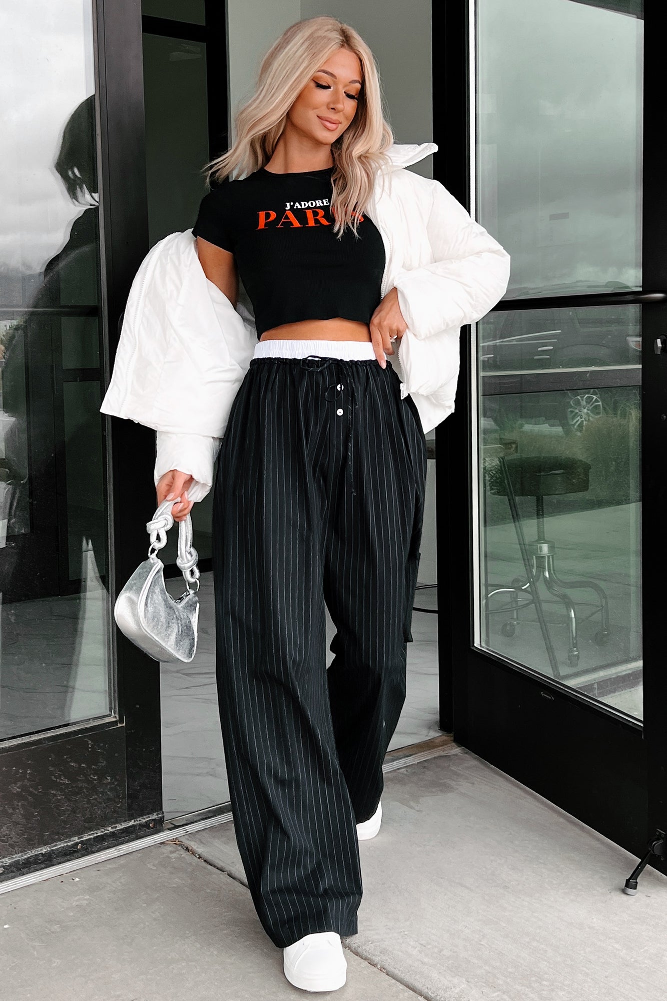 Straight Chillin Wide Leg Pinstripe Pants (Black/White) - NanaMacs