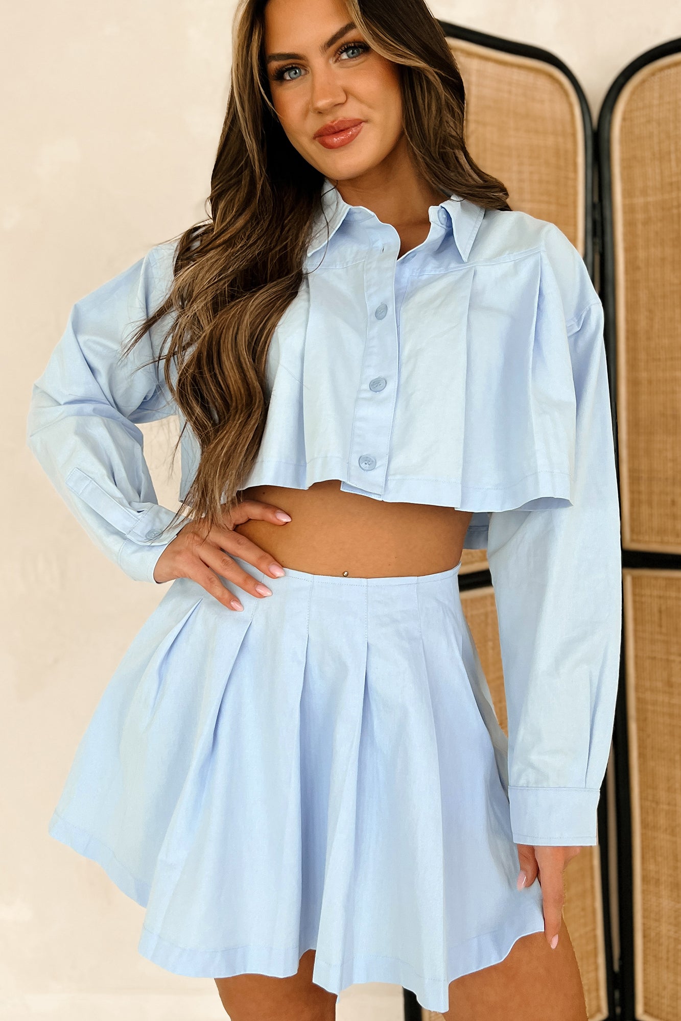 Chrishell Pleated Button-Down & Mini Skirt Set (Light Blue) - NanaMacs