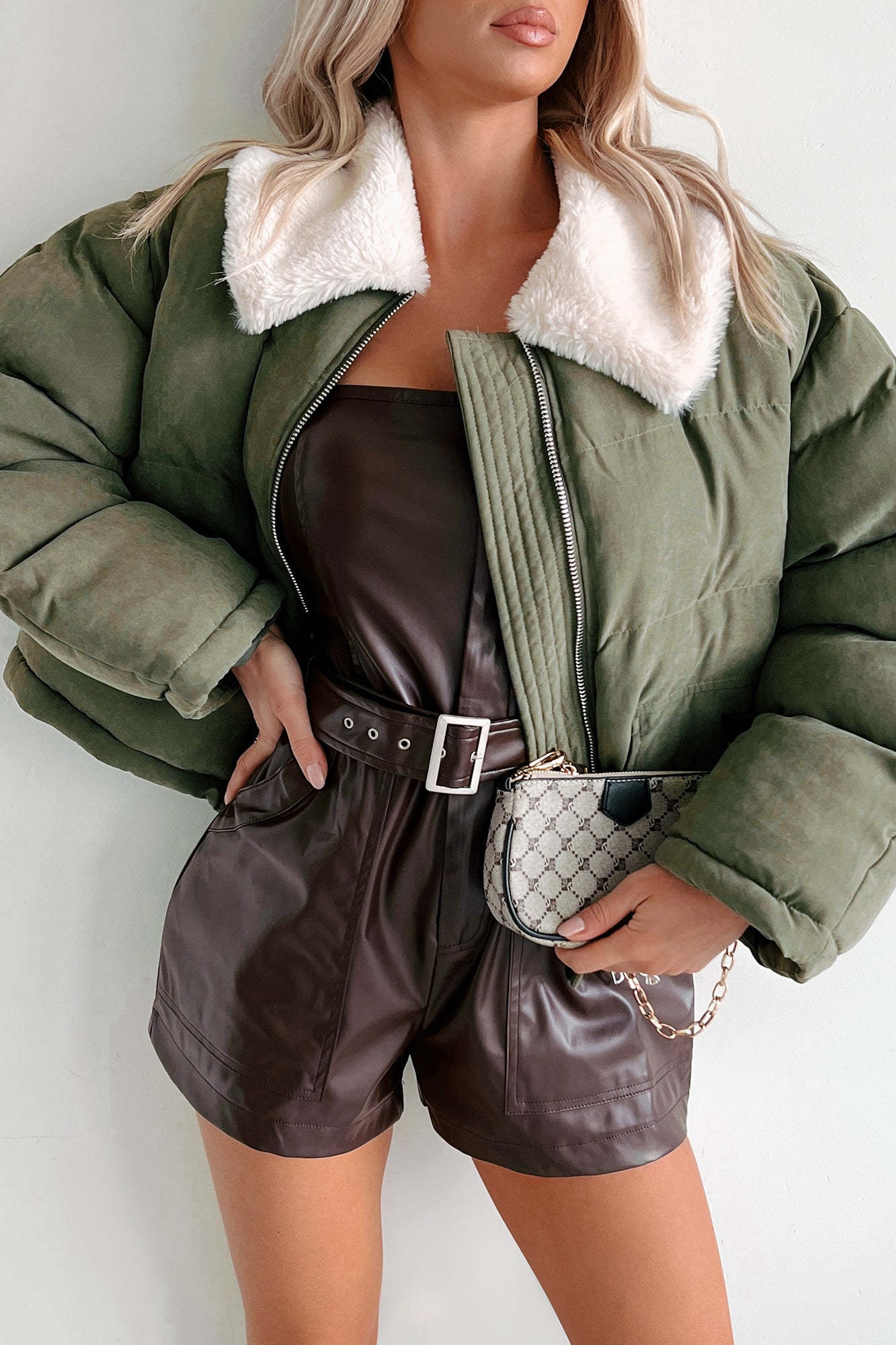 Icy Looks Faux Fur Collar Puffer Jacket (Olive)